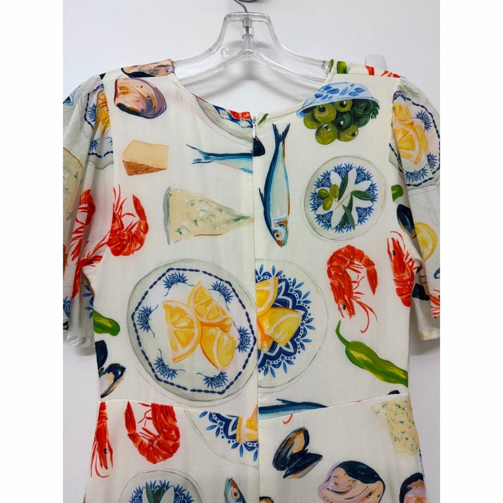 Lisa Says Gah Grace Food Print Midi Dress Tapas Ivory Lemon Olive Fruit XS - Picture 10 of 16